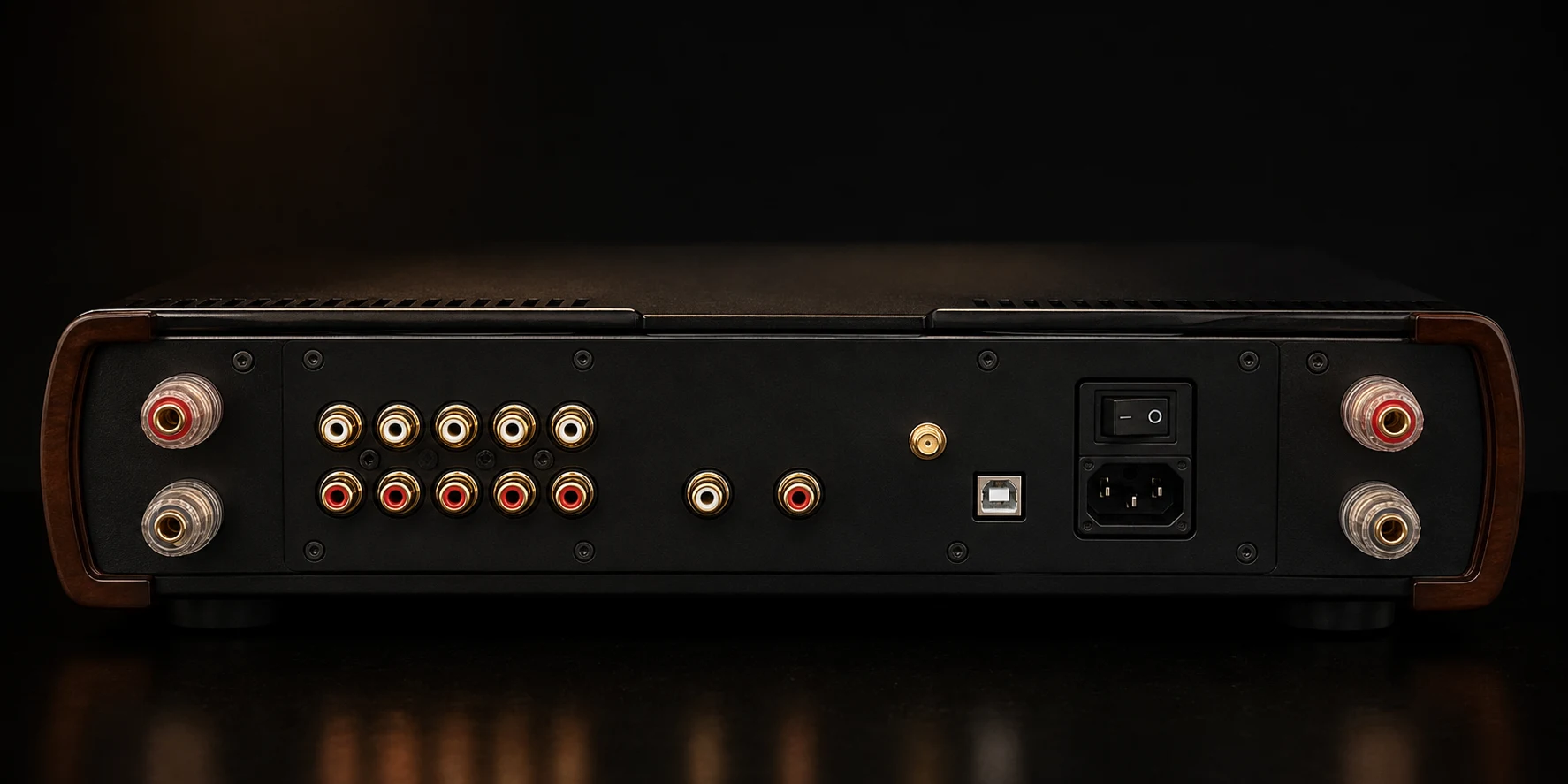 Java Hi-Fi Single Shot detail showing the wooden enclosure, lateral heatsinks and large LDR-controlled volume knob