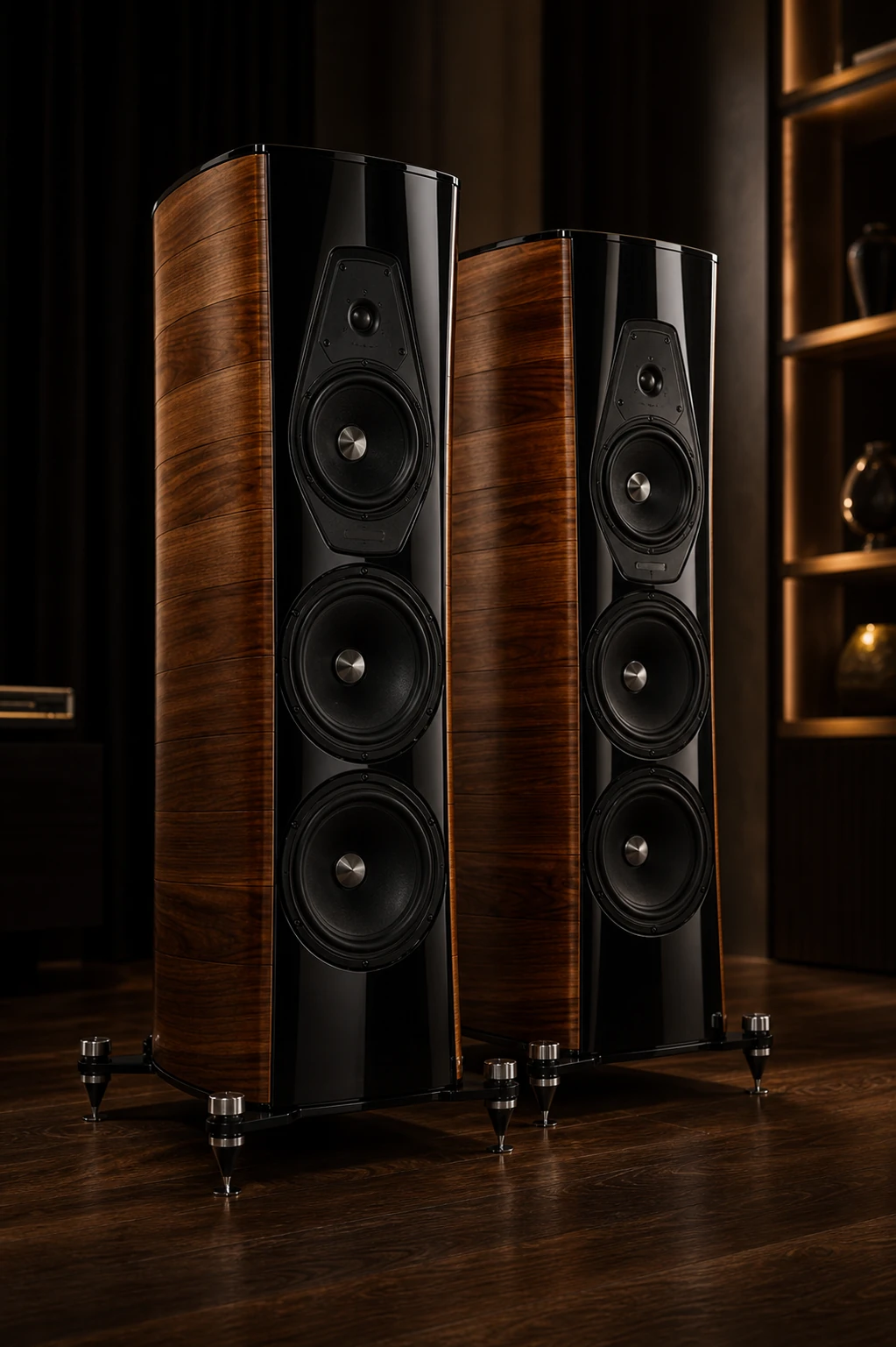 Sonus faber Amati Futura cabinet detail showing curved walnut enclosure and integrated driver array
